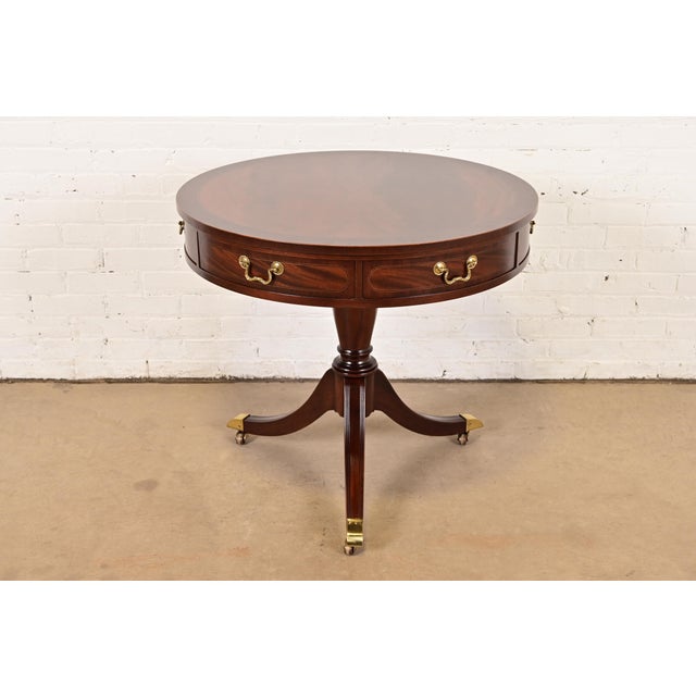 Baker Furniture Georgian Flame Mahogany Pedestal Drum Side Table or Tea Table, Newly Refinished For Sale - Image 14 of 14