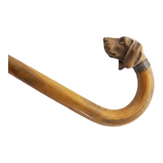 Victorian Dog With Collar Inset Eyes Carved Wood Folk Art Walking Stick Cane For Sale