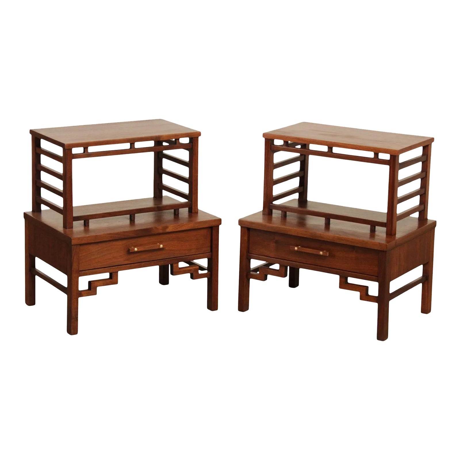 Vintage MidCentury Modern Walnut Asian Inspired Nightstands A Pair
