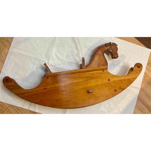 47” Vintage Handcrafted Rocking Horse Solid Cherry Wood,with Leather Bridle and Ears, Carved Mane For Sale - Image 4 of 10