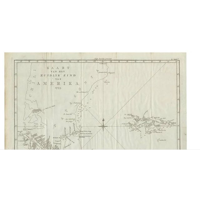 Antique map titled 'Kaart van het Zuidlyk Eind van Amerika'. Map of the sourthern part of South America, focusing on...