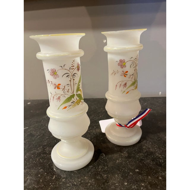 Antique French Pair Opaline Vases Floral. Beautiful pair purchased in France. Age appropriate wear, see detailed photos or...