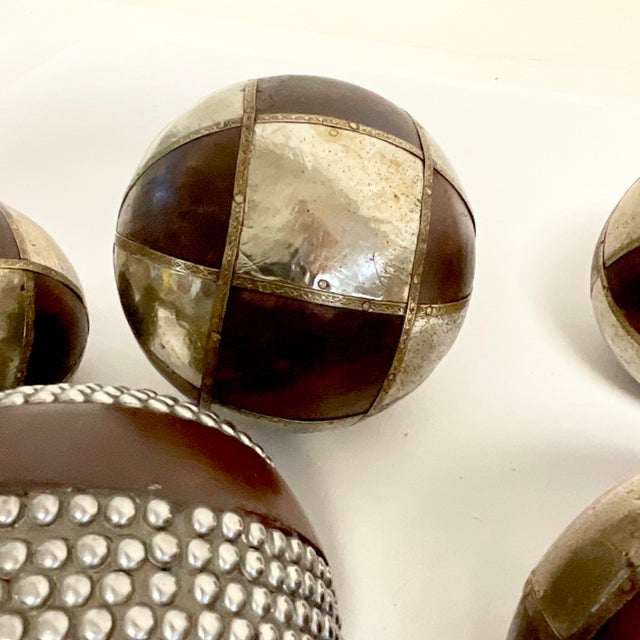 1980s Vintage Boho Chic Arts & Crafts Decorative Balls, Wood and Metal - Set of 6 For Sale - Image 6 of 11