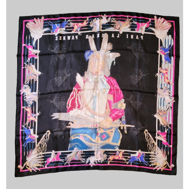 Hermes France Carre 90 Kermit Oliver Native Pani La Shar Pawnee Black Silk Scarf For Sale - Image 10 of 11