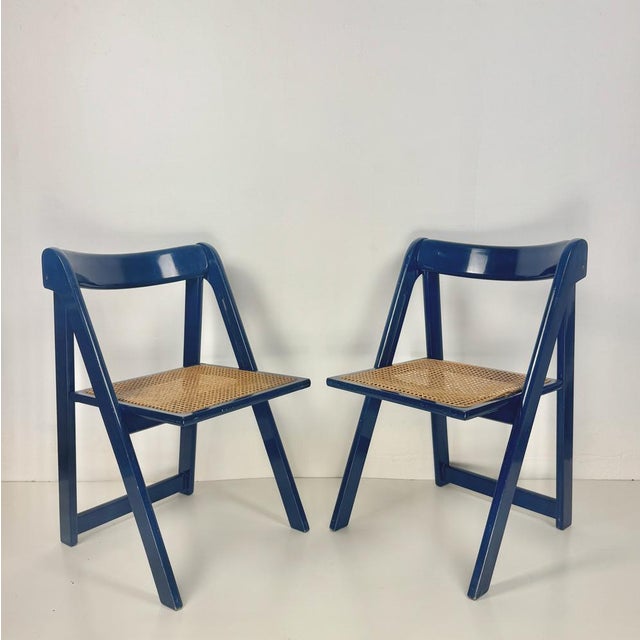 Mid-Century Modern Blue Wood and Wicker Folding Chairs from Bazzani, Italy, 1960s, Set of 2 For Sale - Image 11 of 11