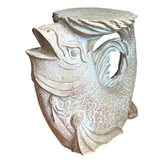 Vintage Washed Ceramic Koi Low Stool For Sale