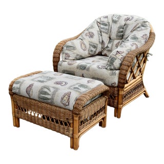 Braxton Culler Rattan Wicker Lounge Accent Chair & Ottoman Set Coastal Boho For Sale
