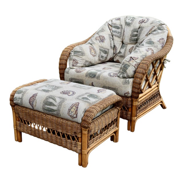 Braxton Culler Rattan Wicker Lounge Accent Chair & Ottoman Set Coastal Boho For Sale