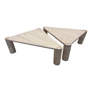 Mid-Century Polished Italian Travertine Triangle Coffee Tables, 1970s - a Pair For Sale