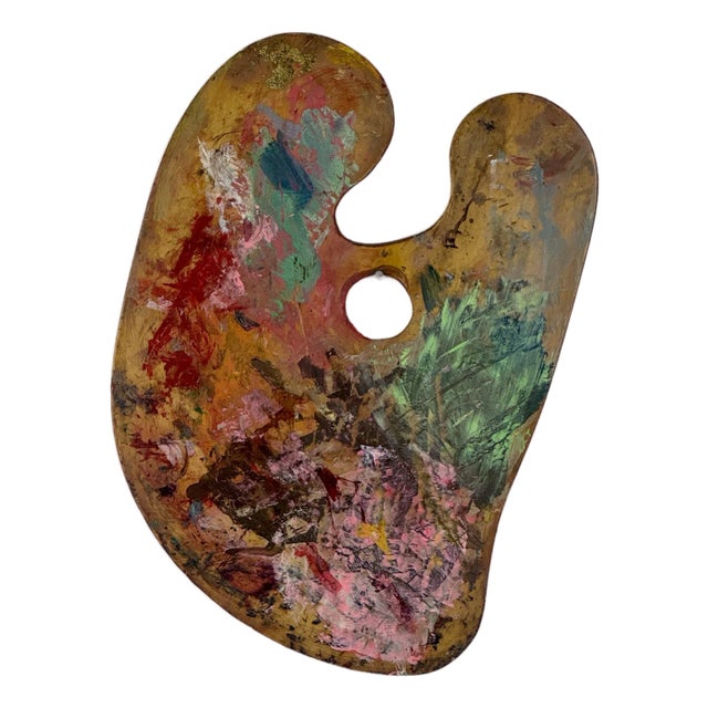 Vintage Artist's Large Kidney Bean Shaped Painting Palette With Pink, Red, & Green For Sale