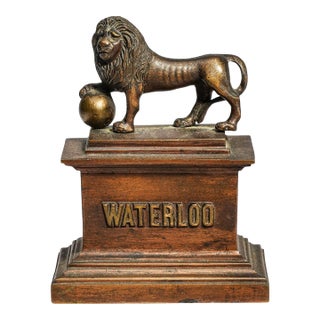 Heavy 19th Century Miniature Model Antique Grand Tour Waterloo Lion Brass Souvenir Butte Du Lion Monument France Home Decor For Sale