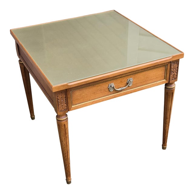 1970s Lovely Neoclassical Henredon One Drawer Stand Gold Glass Top For Sale