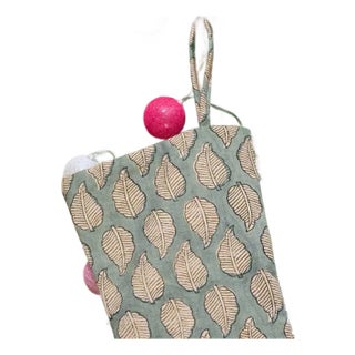 Handcrafted Panchi Print Linen-Blend Block Printed Holiday Stocking For Sale