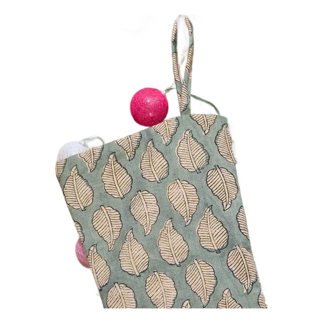 Handcrafted Panchi Print Linen-Blend Block Printed Holiday Stocking For Sale