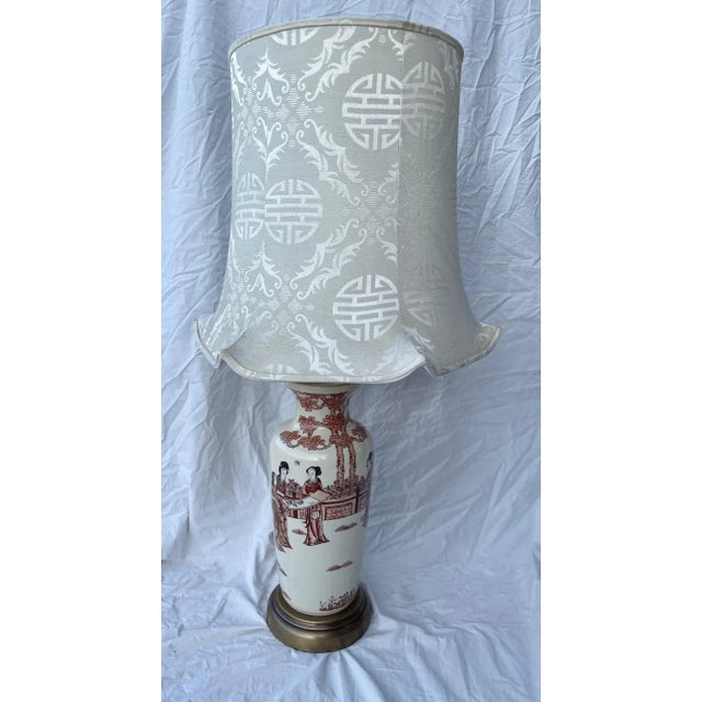 Vintage Chinoiserie Porcelain Table Lamp W/Silk Pagoda Shade For Sale In Palm Springs - Image 6 of 10