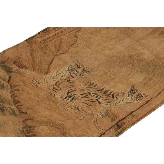 Rug & Kilim Handwoven Antique Japanese Tapestry in Beige-Brown Tiger Pictorials For Sale - Image 4 of 7