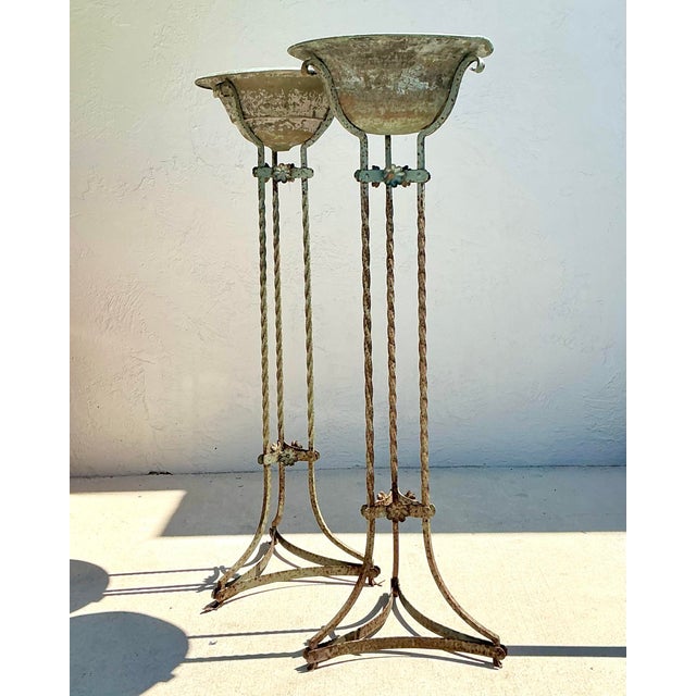 Vintage Patinated Twisted Wrought Iron and Copper Plant Stands For Sale In West Palm - Image 6 of 12