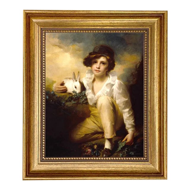 Boy and Rabbit by Raeburn Print on Canvas in Antiqued Gold Frame- 11-1/2" X 13-1/2" For Sale