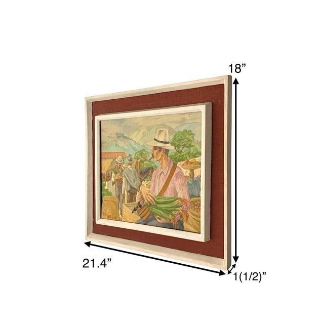This is a vintage oil painting from 1968 depicting a Latin American market scene. It features a traditional production...