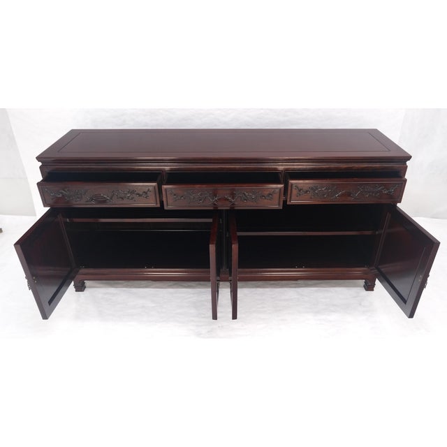 Asian Mid Century Modern Carved 4 Doors 3 Drawers Credenza Dark Solid Teak MINT For Sale - Image 14 of 16