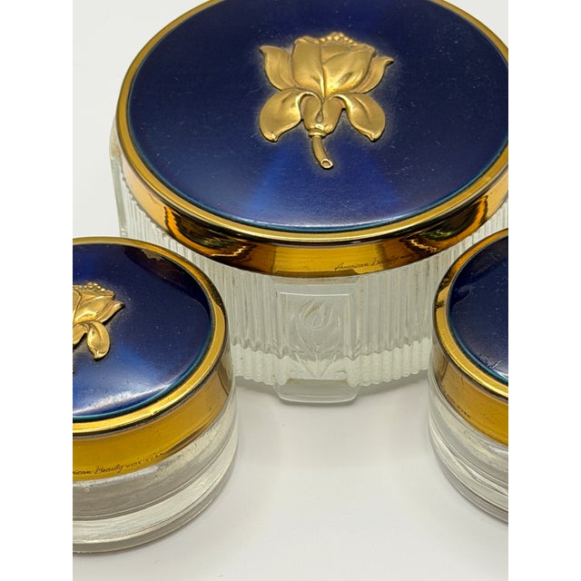 American Vintage American Beauty Blue & Gold Vanity Jar Set – Floral Glass Trinket Boxes, Set of 3 For Sale - Image 3 of 5