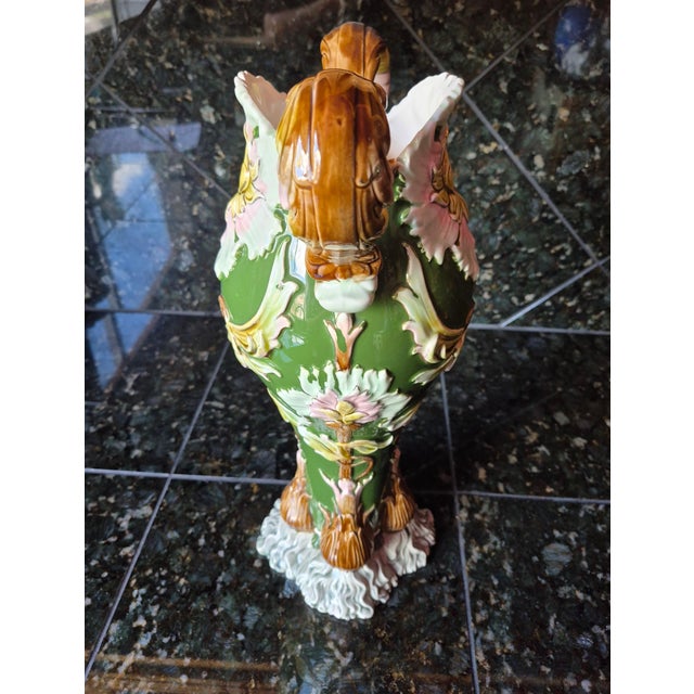 Vintage Mid-Century Italian Style Rococo Revival Green Porcelain Double-Handled Floral Vase (Jg) For Sale - Image 4 of 8