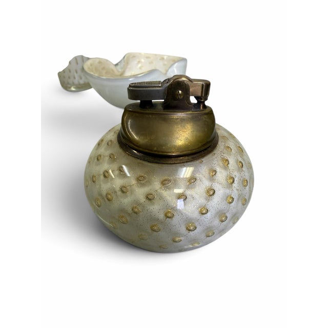 Mid-Century Modern Mid 20th Century Murano Bullicante White & Gold Fleck Glass Smoking Set - 3 Pieces For Sale - Image 3 of 8
