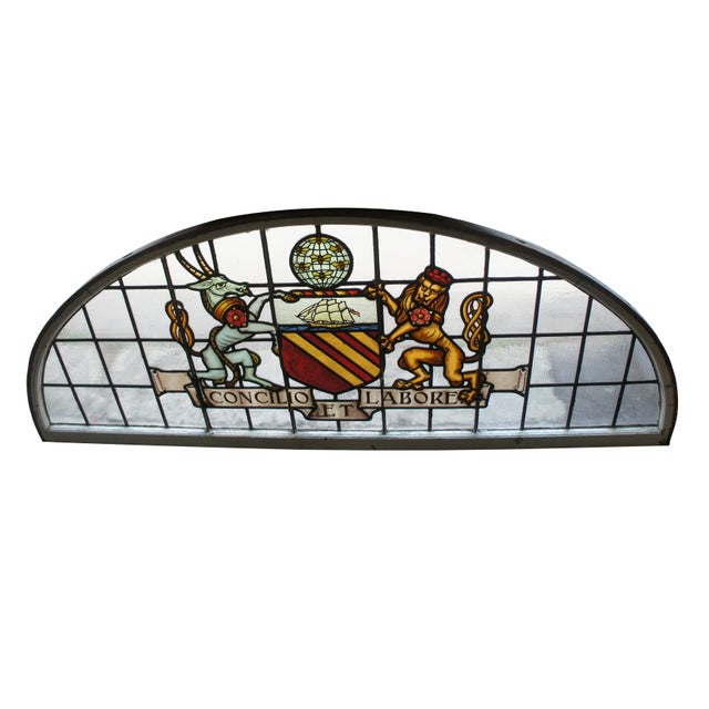 Victorian Set of 2 Antique Manchester English Stained Glass Palladian Windows Coat of Arms For Sale - Image 3 of 12