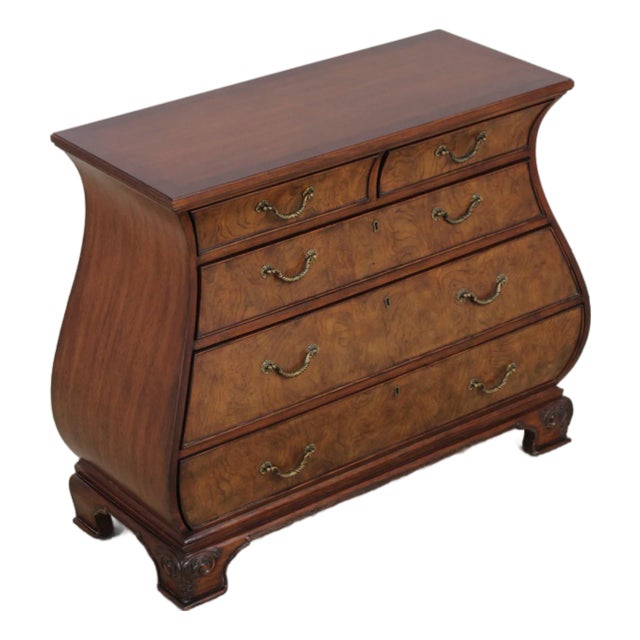 Ethan Allen Inlaid Townhouse Burl Wood Bombe Chest For Sale