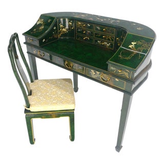 Emerald Green Lacquer Chinoiserie Desk Writing Table Console & Chair MINT For Sale
