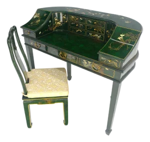 Emerald Green Lacquer Chinoiserie Desk Writing Table Console & Chair MINT