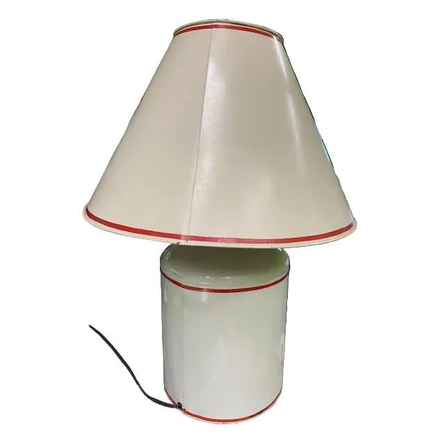 Coastal 1980s Red Coral Design Toile Lamp and Shade For Sale - Image 3 of 3