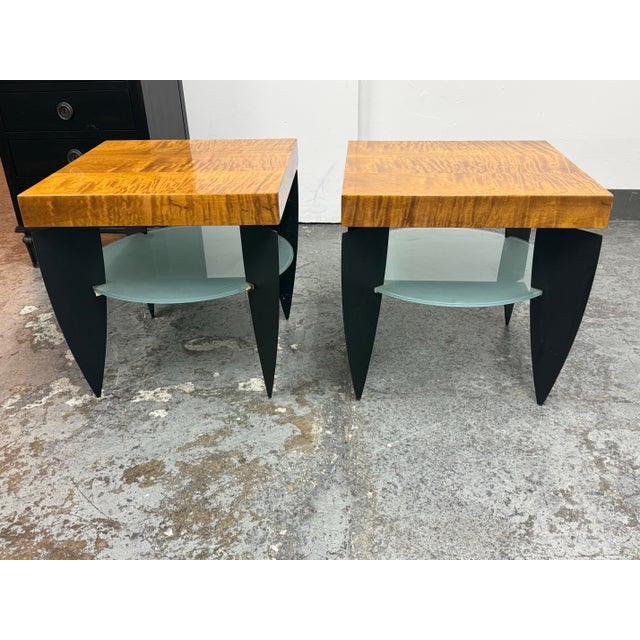 Design Plus Gallery presents a Pair of Postmodern Figured Maple and Frosted Glass End Tables. Dating to the late 20th...