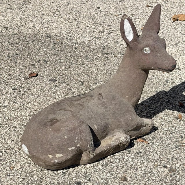 Vintage Reclining Fawn Seated Deer Small 16" Cement Concrete Stone Garden Statue For Sale In Philadelphia - Image 6 of 15
