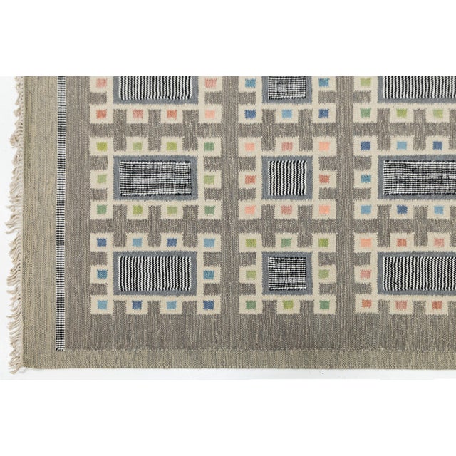 Handcrafted Modern Swedish Scandinavian Flatweave Area Rug Grey & Multi-Color For Sale - Image 10 of 11