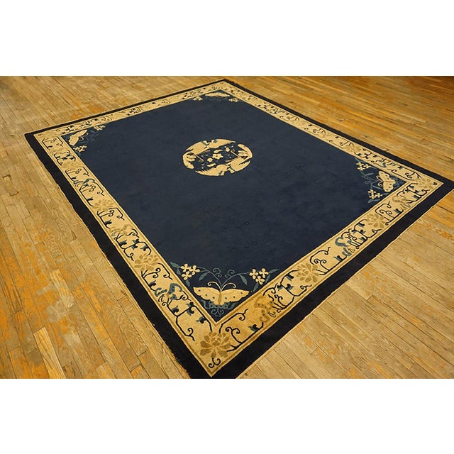1920s Navy Blue Field Antique Floral Medallion Hand Knotted Chinese Peking Rug For Sale - Image 10 of 10