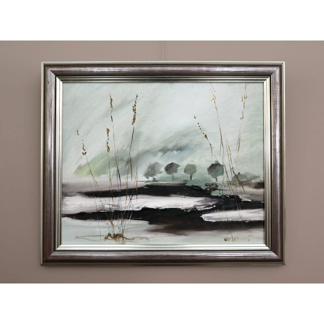 WINTER REEDS Size: 15.7 x 18.9 inches (including frame) Oil on canvas A tranquil and subdued mid-century landscape...
