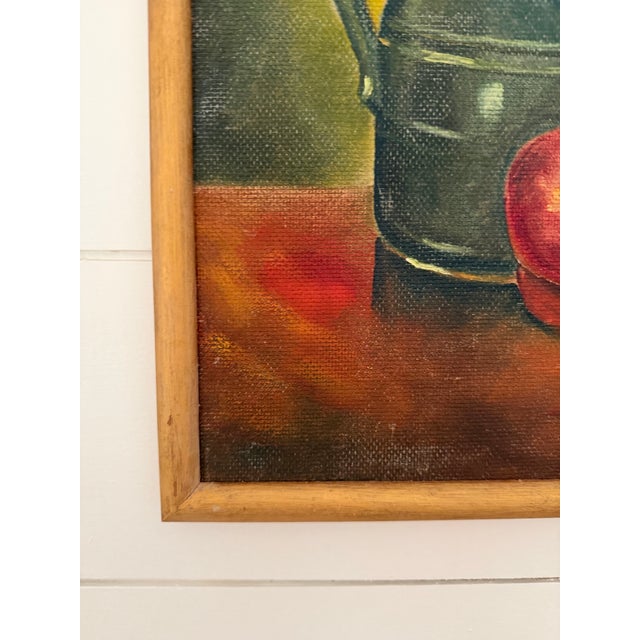Vintage Still-Life Painting of a Dark Green Ceramic Pitcher and Red Apples, by Artist Lr Smith For Sale In Houston - Image 6 of 9