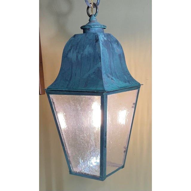 Single Small Vintage Solid Brass Hanging Lantern- 17”h X 7”.5 X 7”.5 For Sale In Miami - Image 6 of 11