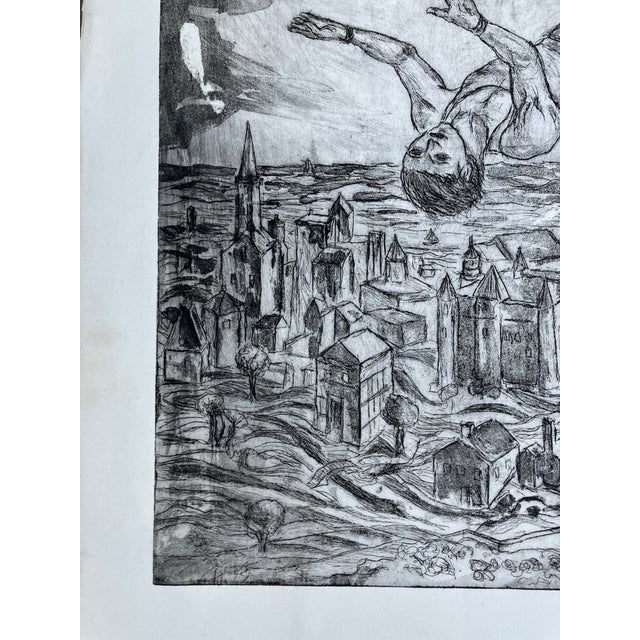 1980’s Original Surreal Large Etching Acrobats Flying Over Village For Sale - Image 4 of 7