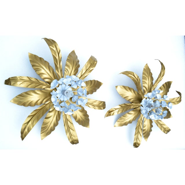 Superb set of two Italian sconces, wall lights by Banci Firenze made in 1965. Handcrafted Steel leaves and Flowers in gold...