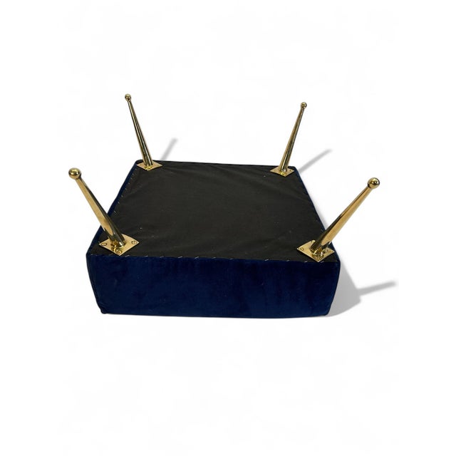 Montage Pair of Bespoke Stools in Navy Blue Velvet With Solid Brass Ball Point Legs For Sale - Image 4 of 6