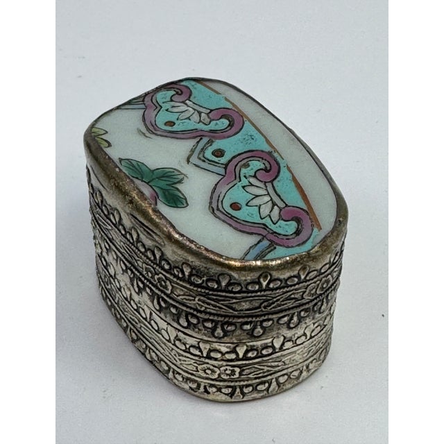 1960s Vintage Chinese Hand Painted Figure Porcelain Chard Embossed Silver Trinket Box For Sale - Image 4 of 5