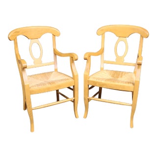 Pottery Barn Italian Rush Seat & Pine Armchairs For Sale