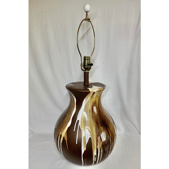 Mid 20th Century Mid Century Modern Brown White Drip Glaze Pottery Lamp For Sale - Image 5 of 12