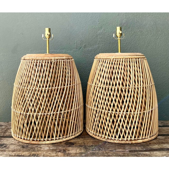 Vintage Woven Rattan Lamps - A Pair For Sale - Image 10 of 12