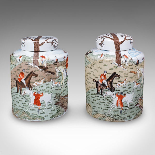 Chinese Pair of Vintage Huntsman Biscuit Barrels, Oriental, Ceramic, Kitchen Storage Jar For Sale - Image 3 of 12