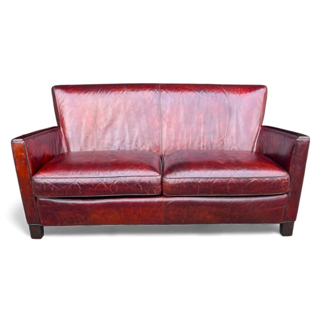 Crate & Barrel Vintage Hand-Dyed Burgundy Leather Loveseat With Rich Patina and Sloped Arms For Sale - Image 12 of 15