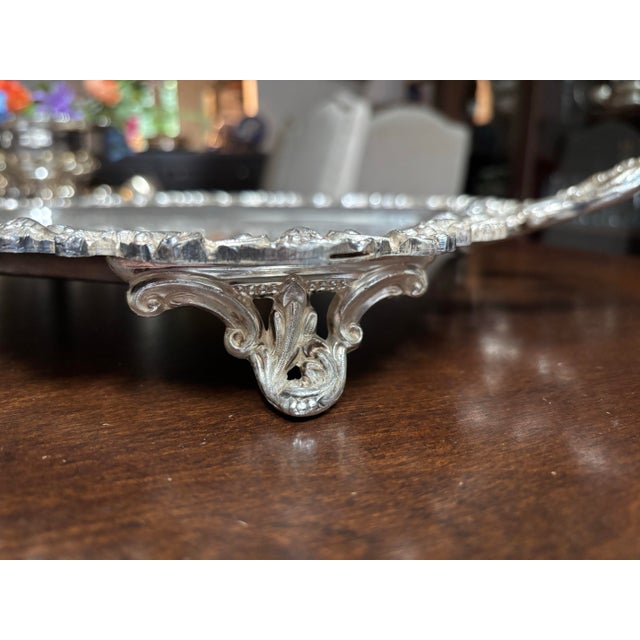 Metal Large Vintage SilverPlate Footed Serving/Bar Tray For Sale - Image 7 of 12