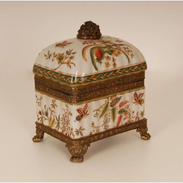 Vintage Porcelain Box Bronze Mounted Hand Painted Butterflies and Floral Decor For Sale - Image 9 of 10